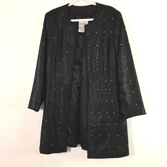 Pamela McCoy Black Genuine Leather & Stud Detailing Smart Long Leather Jacket - Picture 6 of 7